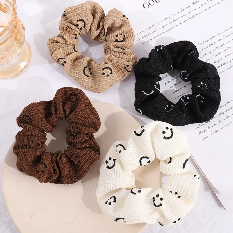 Scrunchies con estampado de cara sonriente para el cabello, tela de pana ligera, accesorios para el cabello, decoración versátil para el cabello, nuevo estilo de primavera, gran oferta