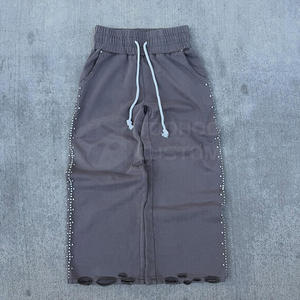 Pantalones Deportivos Casuales de Algodón Grueso y Transpirable para Hombre, Corte Recto, Pierna Ancha, Estilo Jogger, Lavado Ácido, Desteñido al Sol, Holgados, con Pedrería - Product Image 1