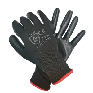 Top Quality Nylon Dipped Nitrile Safety Construction Work Garden Hand 13Gauge Black Smooth Nitrile Palm Coated Polyester Gloves