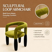 Fauteuil d'appoint en velours vert avec dossier sculptural incurvé et pieds en bois massif pour salon, chambre et bureau