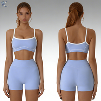Conjunto Deportivo de 2 Piezas para Mujer: Sujetador Deportivo con Tirantes Finos y Bloques de Color, y Shorts de Ciclismo de Cintura Alta con Efecto Levanta Glúteos, Elástico y Sin Costuras