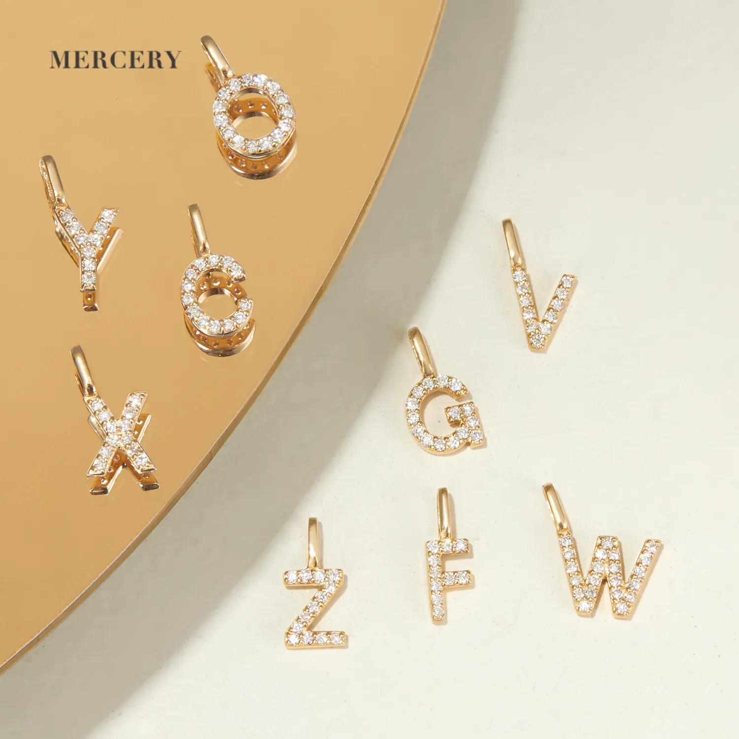 Mercery Jewelry Real Gold Alphabet Charm Polished Letter Pendant Set Trend 14K Solid Gold Diamond Pendant for Necklace