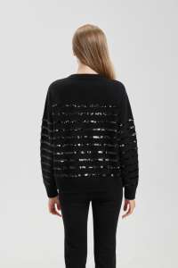 100% Pure Cashmere Ladies' crew neck long sleeve knitting pullover sweater with <b>black</b> sequins - Product Image 3