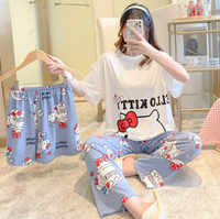 Piyama Sutra Susu Musim Semi Termurah 3pcs Set Motif Kartun Lengan Pendek Kerah Bulat + Celana Panjang Santai untuk di Rumah