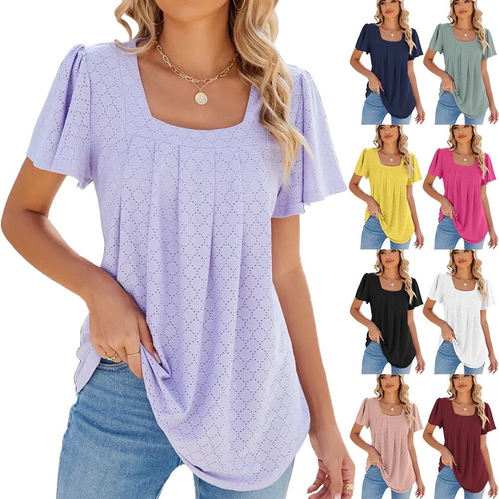 Blusa solta casual sólida para mulheres, blusa plissada de gola quadrada de manga curta, top feminino elegante de meia-idade, moda feminina, 2024