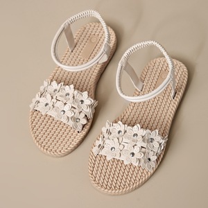 Sandales plates à lanières pour femmes, avec appliques florales, semelle tissée, chaussures de plage décontractées d'été - Product Image 6