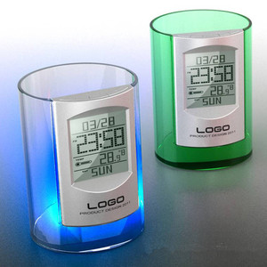 Haonan Office Supplies Store Pen Holder Electronic Clock Round Transparent With Calendar Temperature Display For Desk Storage - Product Image 4
