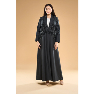 LEDUO Customized Elegant Luxury Women Black Stain Sequin Embroidered Notched Lapel Eid <b>Kaftan</b> - Product Image 1