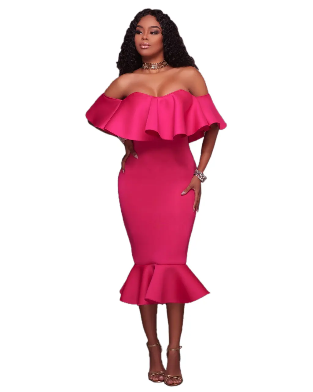 2021 Woman Chic Ruffled Boob Tube Backless Off The Shoulder Sexy Over Hip Bodycon Fish Tail Bandage Dating Evening Party Dress