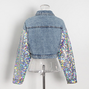 2021 Custom Spring Autumn Fashion Elegant Patchwork <strong>Sequin</strong> Single Button Long Sleeves Short Cotton Denim Women <strong>Jacket</strong> - Product Image 3