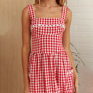 OEM Women's Summer New Fashion Custom Casual European <strong>and</strong> American Style Elegant <strong>Blue</strong> <strong>White</strong> <strong>Red</strong> Checkered Midi Woven <strong>Dress</strong> - Product Image 4