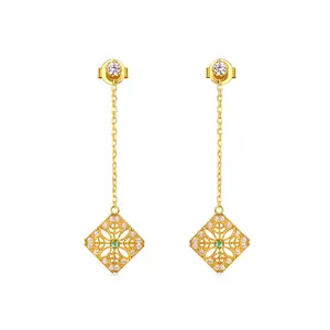 Boho square hollow flower 14K gold dangle emerald long earrings