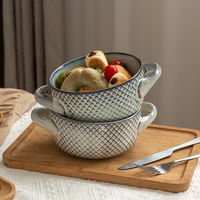Harmony Nordic Retro Geometrisch Geprägte Schale mit Doppelgriffen für Haushalt und Restaurant, Geeignet für Nudeln, Suppe, Reis und Brot