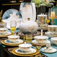 Service de table de luxe 60 pièces en porcelaine fine avec motif Lotus et Lune, compatible micro-ondes et four, kit d'ustensiles pour la maison et cadeau de mariage