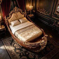 Meubles de chambre à coucher de style rococo français, lit en bois massif sculpté à la main de style bateau pirate, lit en bois classique américain de taille king