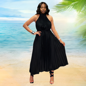 Robe longue plissée unie sans manches décontractée, respirante, écologique, taille naturelle, teinte unie, pour femme - Grande Vente Mode - Product Image 5