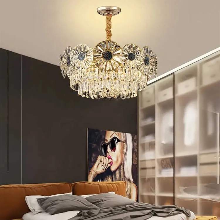 Lustre en cristal moderne de luxe éclairage Villa luminaire suspendu grand décor à la maison or acier inoxydable