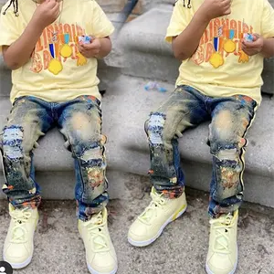Bán sỉ jeans trẻ em cậu bé 10 12 năm tuổi-Sẵn Sàng Để Gửi Denim Sản Xuất Trẻ Em Mô Hình Bé Trai Lớn Trẻ Em Boutique Quần Áo Hip Hop Phong Cách Denim Jeans Kid