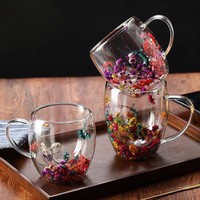 Tasse en verre à double paroi de 250 ml faite à la main avec fleur naturelle pour café et lait, sans BPA, résistante à la chaleur, unisexe – Meilleure vente
