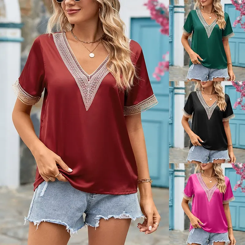 A277 Womens Short Sleeve Sexy Summer Tops Lace Trim Short Sleeve V Neck Blouses for Women Fashion Tops Dressy Casual T Shirt