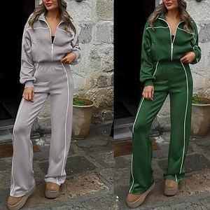 S-2XL Großhandel Hochwertiger Gestreifter Locker Sitzender Sport- und Freizeitanzug mit Reißverschluss Langer Kragen Zweiteiliges Set für Damen - Product Image 2
