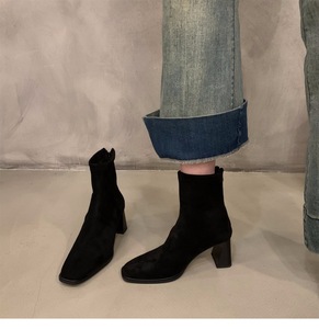 Bottines à talons hauts style coréen en cuir nubuck pour femmes, nouvelle collection automne-hiver 2025, bottines courtes à bout carré et fines - Product Image 1