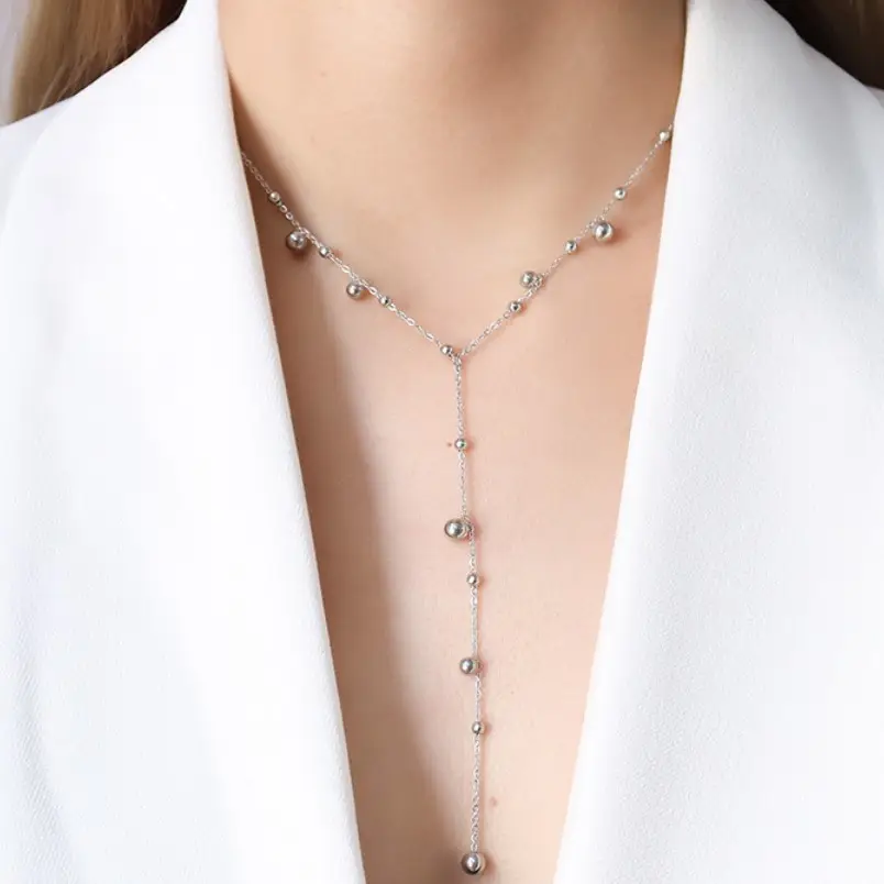 Unique Girls Trendy Jewelry Stainless Steel Mini Round Balls Tassel Lariat Necklace