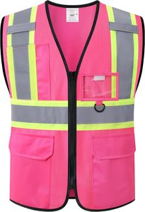 Gilet di sicurezza uomo donna riflettente con tasche multiple in rete ad alta visibilità per lavori di costruzione conforme agli standard ANSI/ISEA - Product Image 3