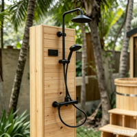 Promotion : Sauna extérieur en bois pour jardin, cabine de sauna domestique en hemlock avec porte vitrée, colonne de douche et baignoire de trempage froid