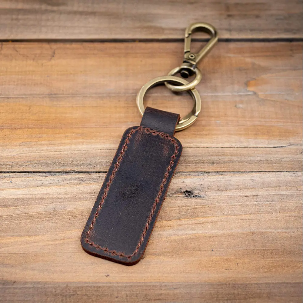 Personalized Luxury Cowhide Leather Keychain Custom Engraved Logo Gold Ring Crazy Horse Blank Frame Holder for Christmas Gifts