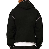 Sweat à capuche zippé noir pour homme, personnalisé OEM, épais, avec surpiqûres contrastées, style streetwear, coupe oversize et épaules tombantes