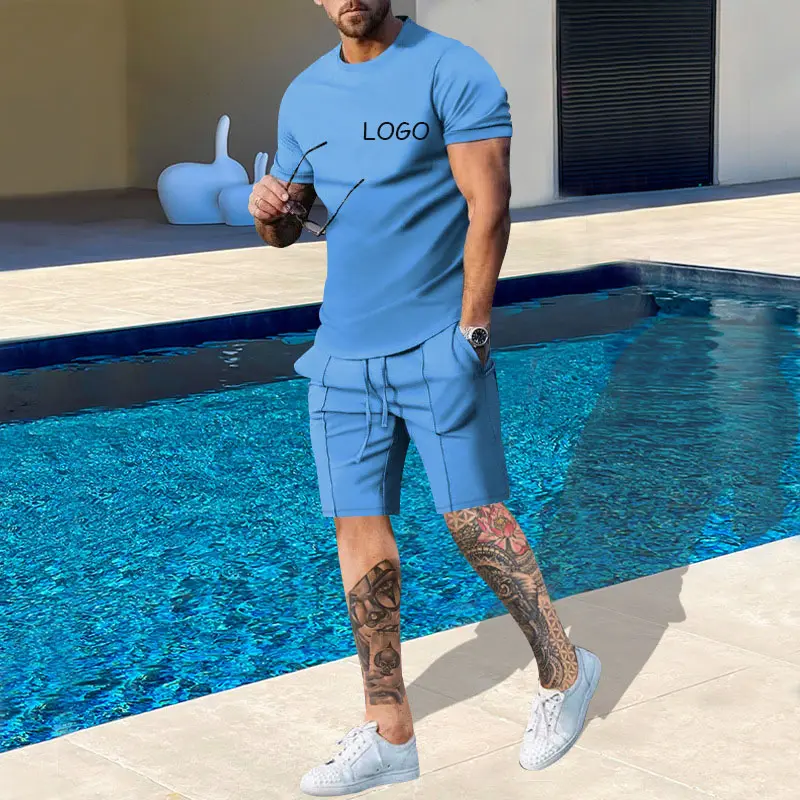 Logo personalizzato 2 pezzi Set uomo abiti Casual T-Shirt manica corta e pantaloncini Set due pezzi abbigliamento estivo 2023