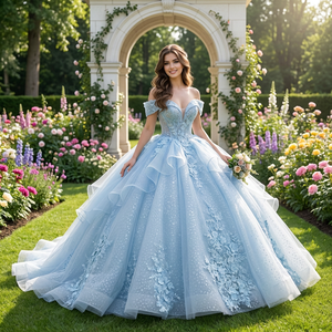 Vestido de Fiesta de Quinceañera Azul Cielo, Estilo Princesa, con Cuentas, Flores 3D, Cola de Capilla, Modelo LSMC53 - Product Image 1