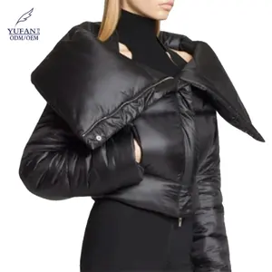 YuFan Casaco de lapela preto com penas de pato de ganso para mulheres, parka curta brilhante personalizada para mulheres, novo design
