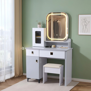 Modern <b>Makeup</b> Vanity Table with Lighted <b>Mirror</b> Storage Desk for Bedroom Furniture - Product Image 3