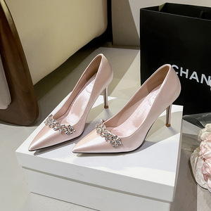 White French Bridal Shoes, <b>Pointed</b>-toe High Heels, Slender , Sexy Satin, Wedding , , Rhinestone Single - Product Image 4