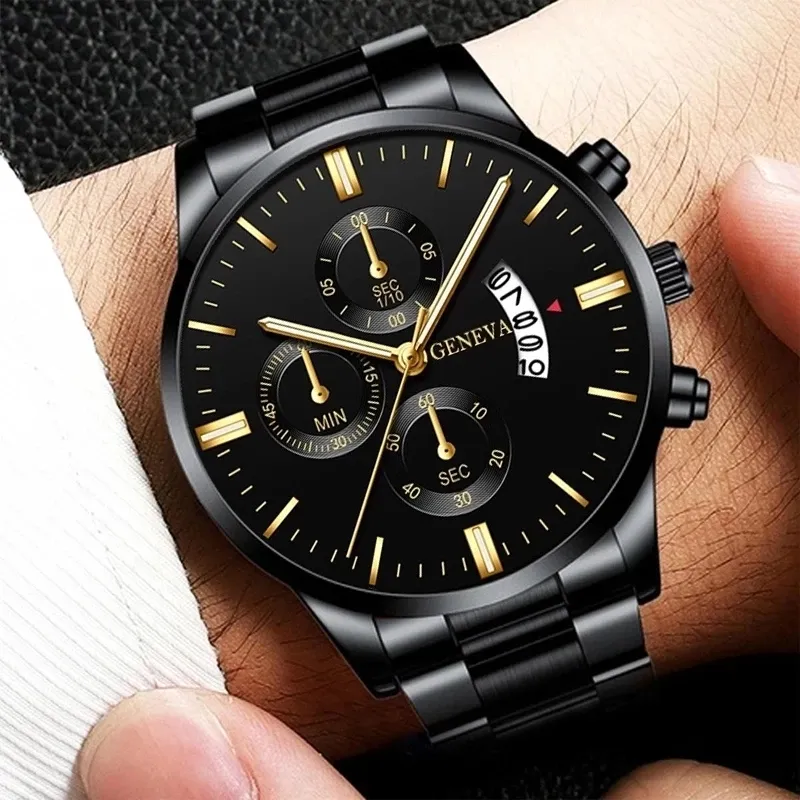 Geneva-Reloj de pulsera de cuarzo para Hombre, cronógrafo de lujo, de acero inoxidable, con calendario y fecha, de negocios