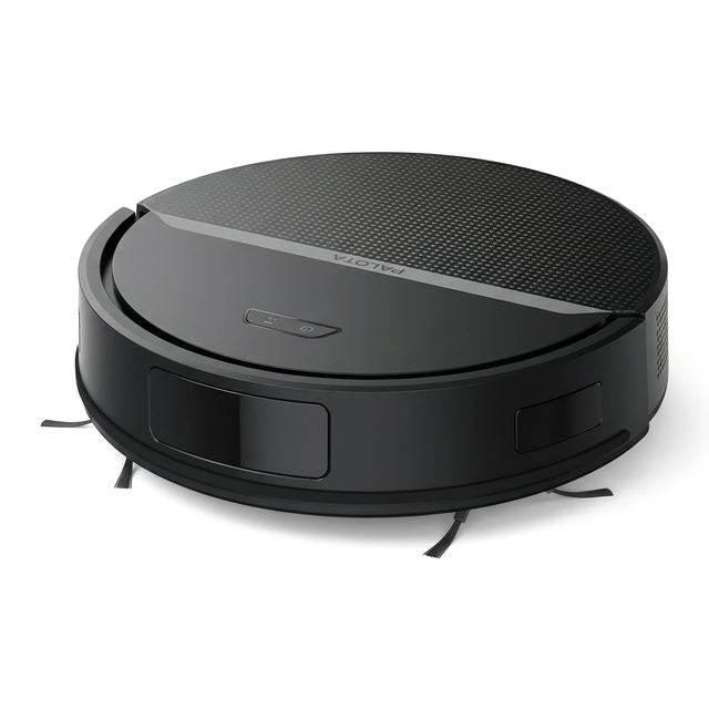 New model of robotic vacuum cleaner with automatic recharging, mopping, vacuuming functions, including water tank and dustbin.