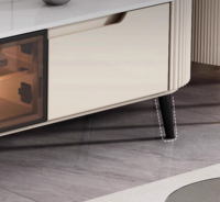 Meuble TV Crème Blanc Texturé Côtelé avec Armoires en Verre Teinté et Tiroirs