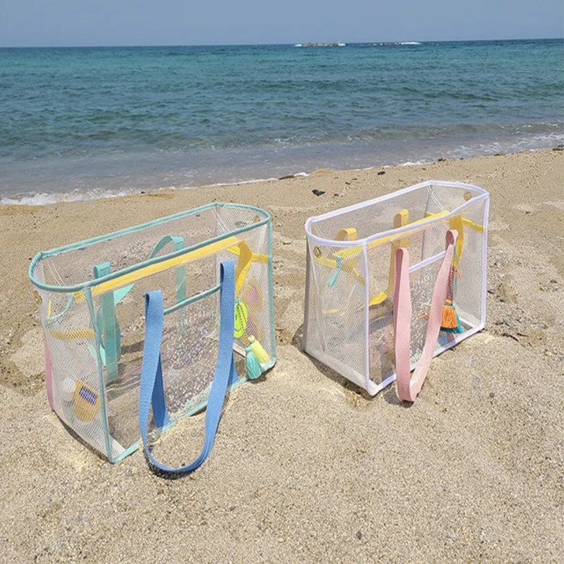 Nuevo diseño, venta al por mayor, bolsa de mano de PVC de playa de verano de alta calidad, bolsa de mano transparente impermeable de gran capacidad con cremallera