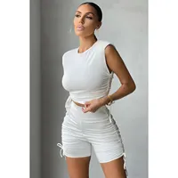 Women Custom Clothing Summer Sexy Matching Outfits White Ruched Side High Waist Cycling Biker Shorts Two Piece Sets