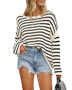 Suéter de punto de algodón con encaje de moda para mujer, top informal de otoño con cuello redondo y manga corta para oficina - Product Image 1