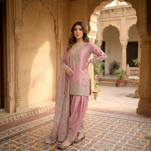 TENNECY Launching Designer Party Wear Nc Moss Silk <b>Top</b> Farshi Palazzo Dupatta Set Embroidery 5mm Sequences Stretchable - Product Image 1