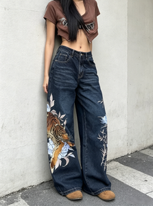 Jean taille haute pour <span class=keywords><strong>femme</strong></span>, coupe droite large, noir délavé, imprimé, style mode personnalisé, effet empilé - Product Image 3