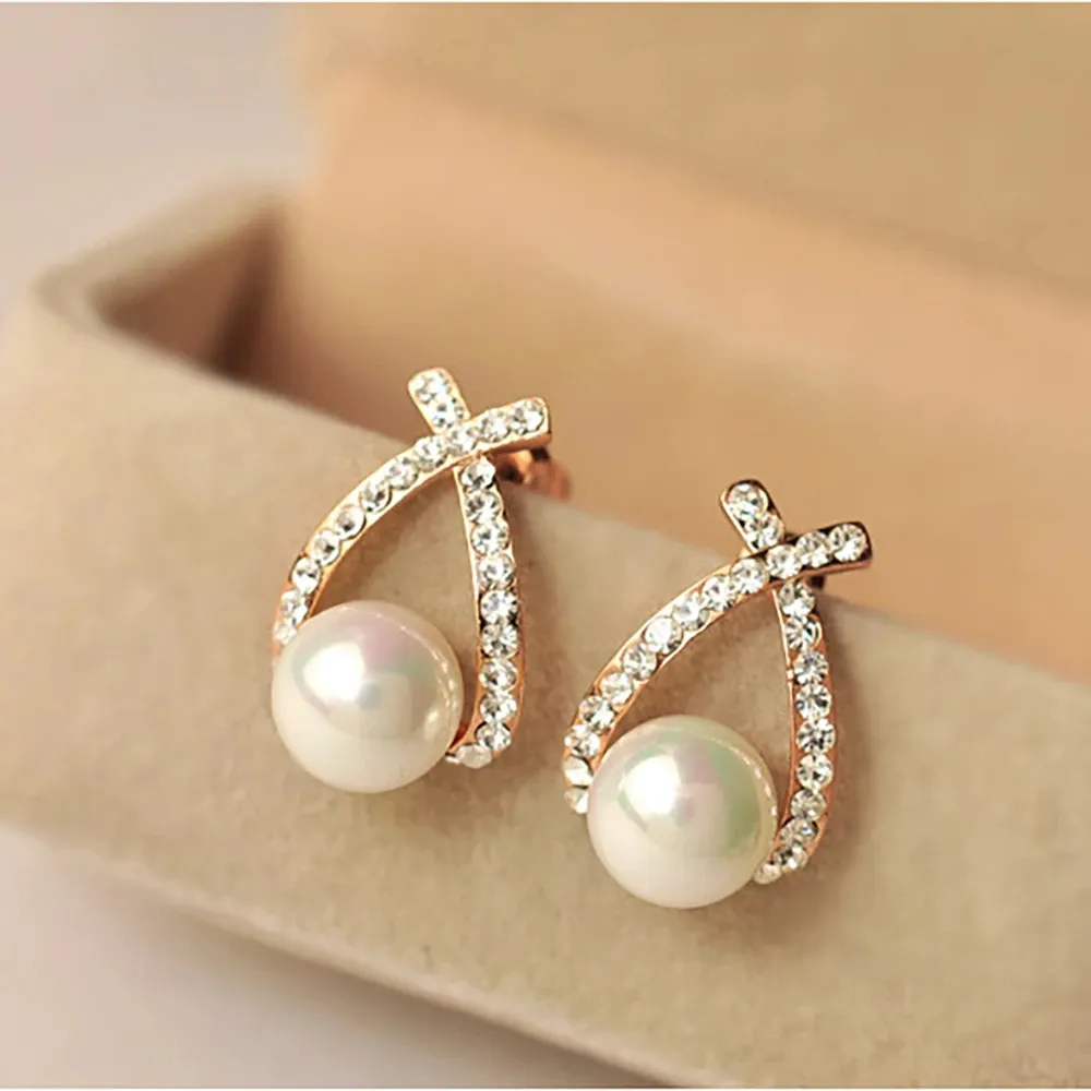 Korean Elegant Cute Pearl Crystal Earrings Gold Silver Color Cross Crystal Stud Earrings for Women and Girls