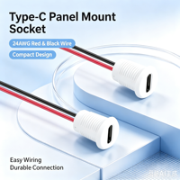 Prise de montage sur panneau de type C blanche LN-006, 11 mm, pré-câblée, 2 broches, fil rouge et noir, prise d'alimentation, connecteur USB-C