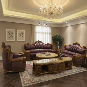Luxury European Hand Carved Solid Wood Frame Leather Sectional <b>Sofa</b> Set for <b>Hotel</b> Apartment Living Room Commercial Use - Product Image 1