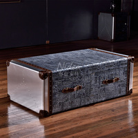 Table basse de style industriel pour bar à cigares et café, personnalisée pour la réception d'hôtel, avec double tiroir, rétro, en aluminium et cuir avec rivets
