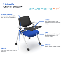 Chaise de bureau pivotante en maille avec tablette d'écriture, 4 roulettes, chaise mobile pour séminaire, conférence, salle de formation