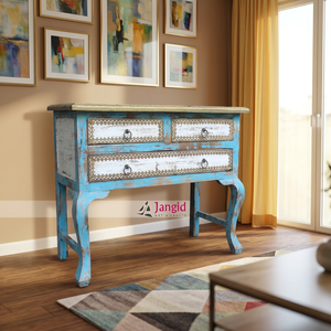 Table console de salon en bois massif style français, avec tiroirs, finitions laiton, artisanale, pour chambre d'hôtel - Product Image 5